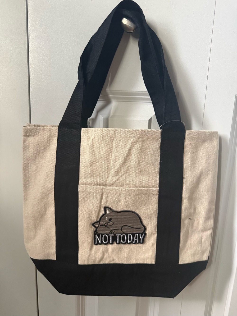 Canvas Small Pets Tote Bag with Sleeping Pet Patch - Cream & Black